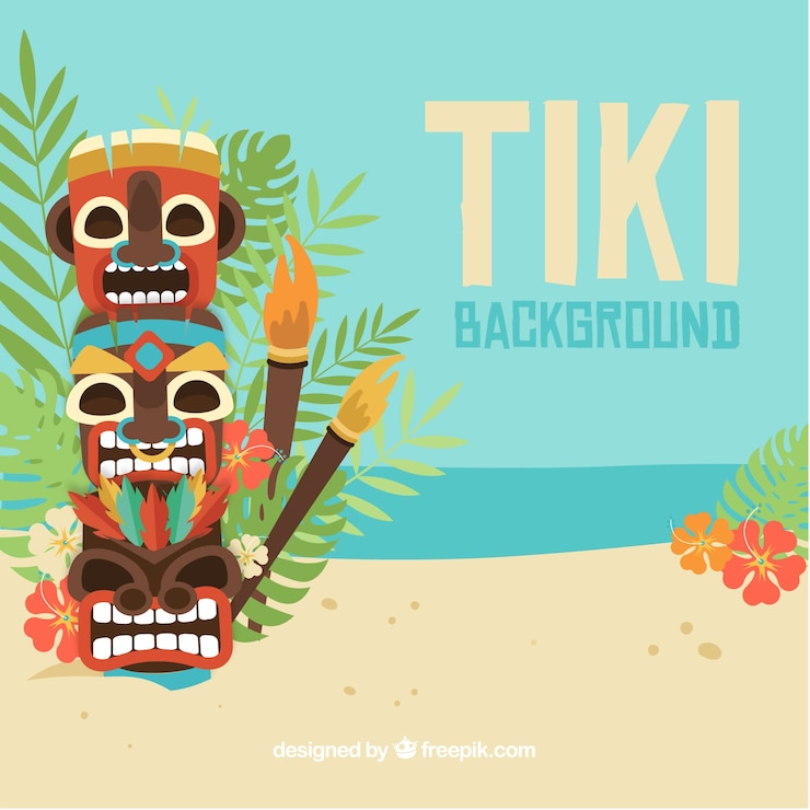 Gratis Vector tiki totem op het strand met fakkels