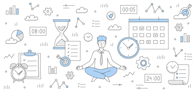 Gratis vector time management concept met man mediteren in yoga pose en pictogrammen van klok versnelling doel en kalender vector doodle illustratie van zakenman ontspannen en tekenen van horloge zandloper en grafiek pictogrammen