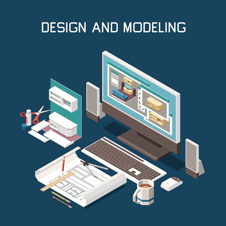 Gratis Vector timmerwerk productie computermodellering meubels bouwinstructies technische tekensoftware isometrische compositie
