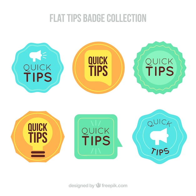 Gratis vector tips badges verzamelen in vlakke stijl