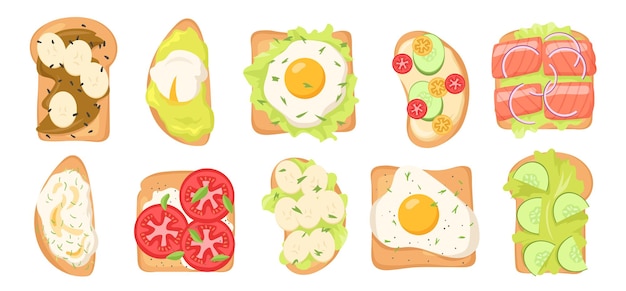 Toast met verschillende toppings illustraties set