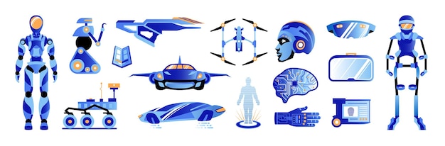 Gratis vector toekomstige technologieën kleur set planeet rover hologrammen virtual reality handschoenen chip implantaten droids drones geïsoleerde pictogrammen vector illustratie