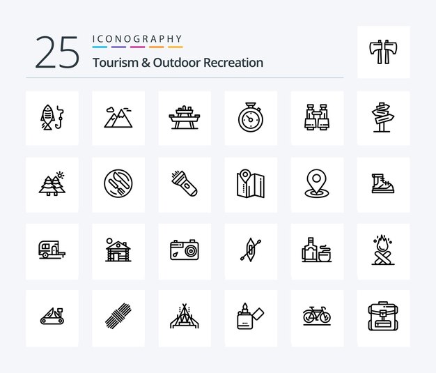 Toerisme en openluchtrecreatie 25 Line icon pack inclusief verrekijker time bench timer picknick