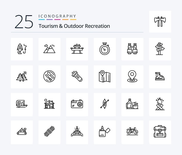 Toerisme en openluchtrecreatie 25 Line icon pack inclusief verrekijker time bench timer picknick