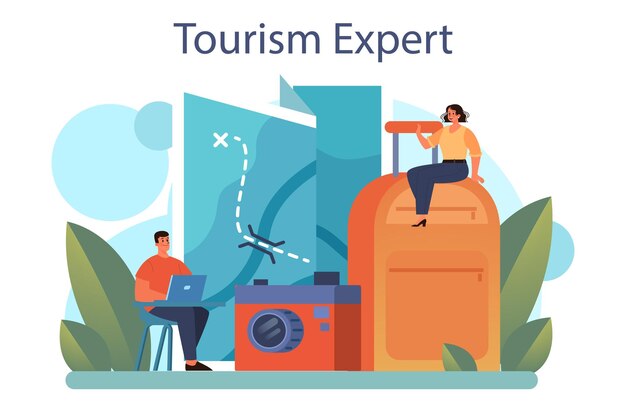 Toerisme expert concept Reisbureau verkopen tour cruise luchtweg of treinkaartjes Vakantie organisatie agentschap hotel boeken Geïsoleerde vectorillustratie