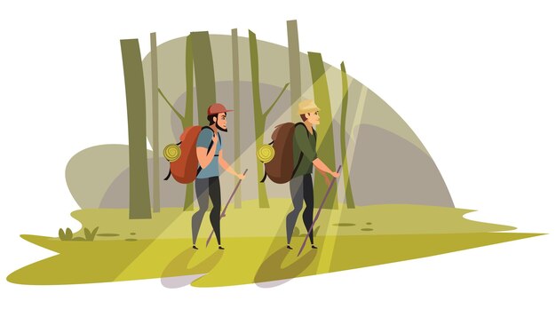 Toerist die in bossen wandelt mannelijke backpackers kampeerders met stokken Wandelaars met wandelstokken die door het bos wandelen