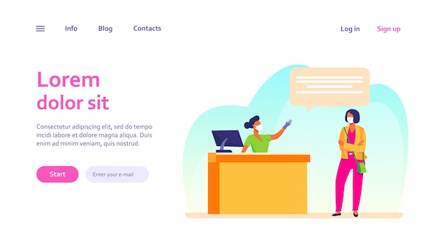 Toerist en luchthavenmedewerker die gezichtsmasker draagt. Vrouwen praten bij de incheckbalie. Sociale afstand, reisconcept voor websiteontwerp of bestemmingswebpagina