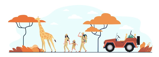 Gratis vector toeristen lopen in afrikaanse savanne. familie stripfiguren, jeep, giraf, landschap met bomen. vectorillustratie voor avontuurlijke reizen, tour in afrika concept