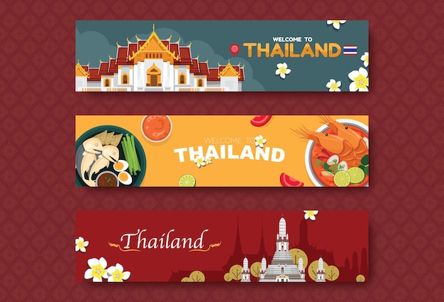 Gratis vector toeristische attracties beroemde bezienswaardigheden reizen in thailand en thais eten proeven op reisbestemmingen in azië