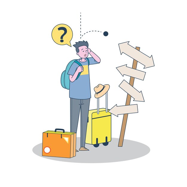 Toeristische man op zoek navigatie verwarrend kiest manier met verkeersbord, cartoon afbeelding voor reiziger en backpacker