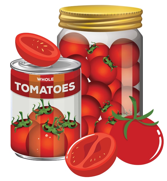 Gratis vector tomatensaus uit blik en tomaten in pot