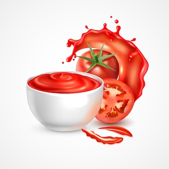 Tomatensauskom realistische compositie met verse hele groente en plak in scheutje sap