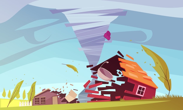 Gratis vector tornado die een huis verplettert