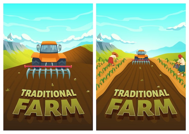 Traditionele boerderij cartoon poster. trekkerploegend veld op landelijk berglandschap met arbeiders die voor planten zorgen, water geven, maïs oogsten. landbouw, platteland of dorpsleven, vectorillustratie