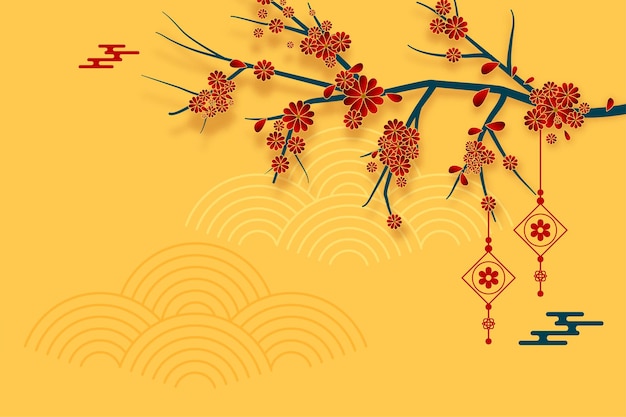 Gratis vector traditionele chinese achtergrond met sakuraboom en lantaarndecoratie