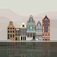 Gratis vector traditionele europese grachtenpanden in amsterdam