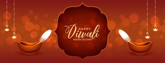 Traditionele gelukkige diwali-banner met realistische diya