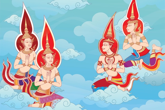 Traditionele Thaise kunst in ontwerpstijl die verhalen vertelt over verschillende goden en engelen