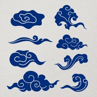 Traditionele wolkensticker, blauw chinees ontwerp clipart vector set