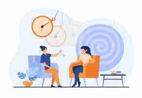 Gratis vector trance-effect op de vrouw tijdens de sessie van hypnosetherapie geïsoleerde platte vectorillustratie. abstract psychedelisch draaikolk en chatelaine horloge. veranderde gemoedstoestand en bewusteloosheid concept