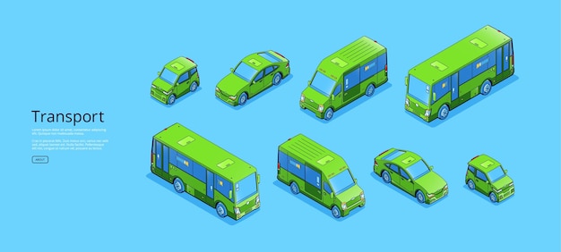 Gratis vector transportbanner met isometrische veegwagen minibusje en auto platte vectorillustratie van personenauto minibus vrachtvoertuig en stadsreinigingsmachine