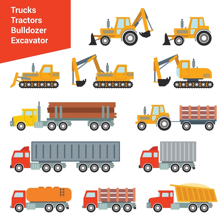 Gratis Vector transportset voor platte stadsbouw. graafmachine kraan grader beton cement mixer roller pit dump truck loader sleepwagen wrecker truck. bouw je eigen wereldcollectie.