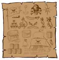Gratis vector treassure kaart met piraat symbolen