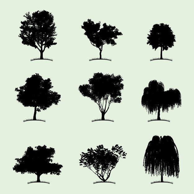 Tree Collection Flat Icon met negen verschillende soorten planten op witte afbeelding