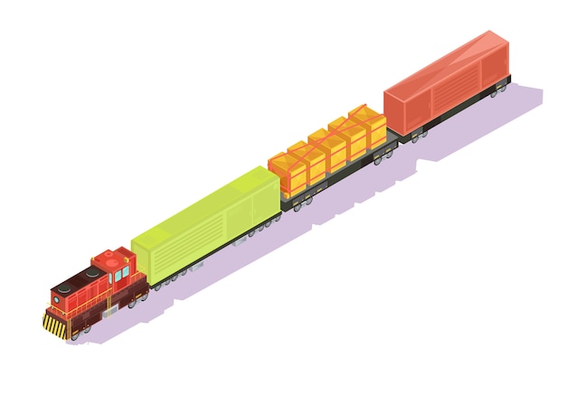 Treft isometrische reeks van goederentrein met goederen en veewagens op lege achtergrond met schaduwen vectorillustratie