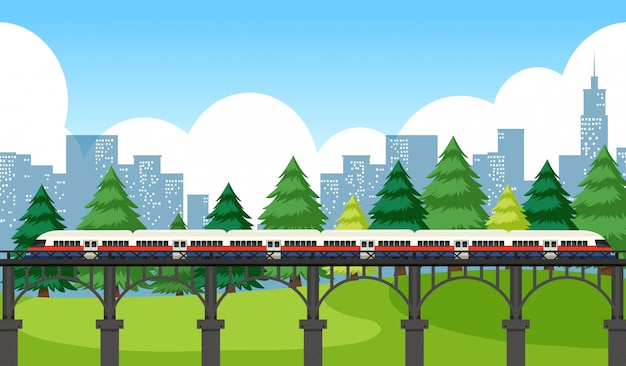 Gratis vector trein die door stad kruist