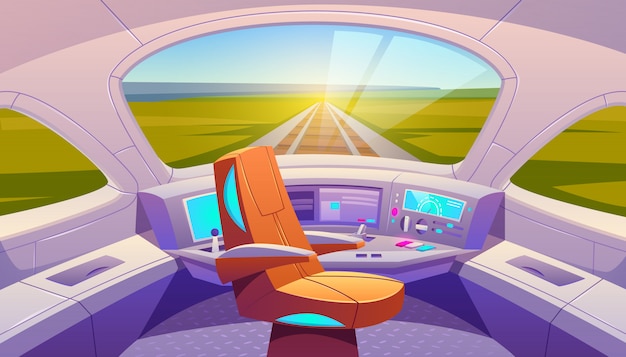 Gratis vector treincockpit met bedieningspaneel en fauteuil