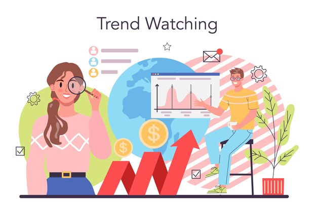 Trendwatcher-concept Specialist in het volgen van de opkomst van nieuwe zakelijke trends Trendanalyse en projectpromotie Vectorillustratie in vlakke stijl