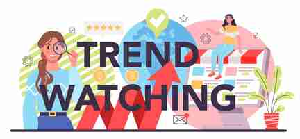 Gratis vector trendwatching typografische header specialist in het volgen van de opkomst van nieuwe zakelijke trends trendanalyse en projectpromotie vectorillustratie in vlakke stijl