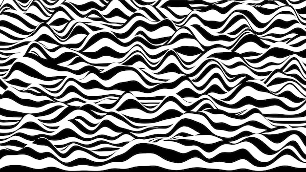 Trendy 3D zwarte en witte strepen vervormde achtergrond. Procedurele rimpelachtergrond met optische illusie-effect