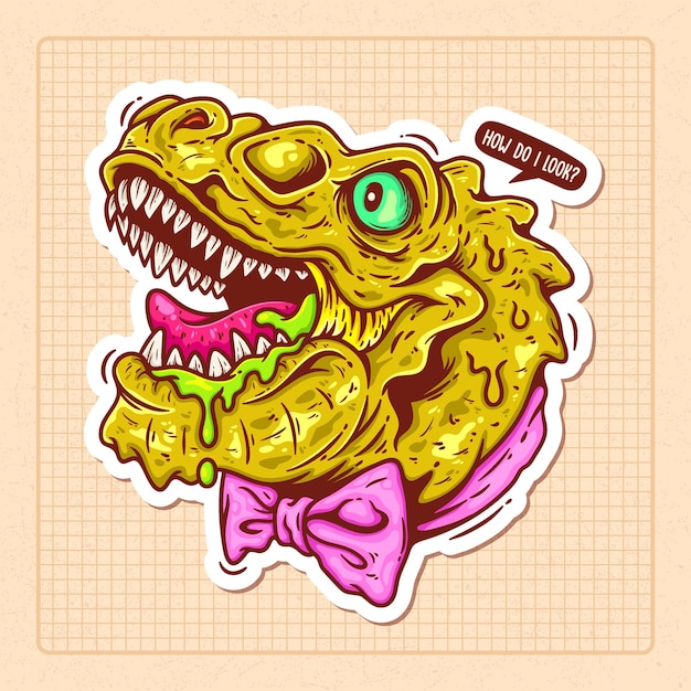 Trex hoofd met vlinderdas hand getrokken kleur vector doodle illustratie