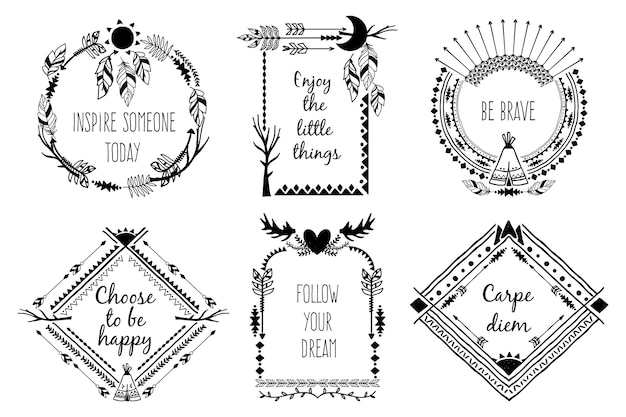 Tribal design frames met tekst. Elementdecoratie, gewei en veer. Vector illustratie