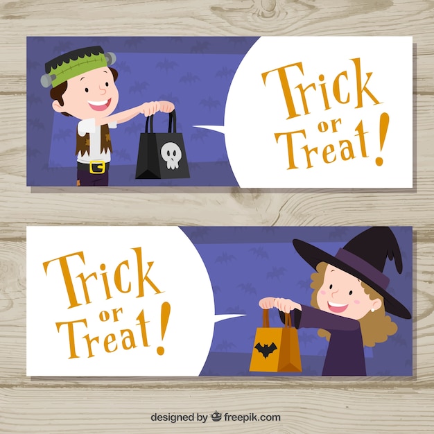 Gratis vector trick or treat banners met halloween kids