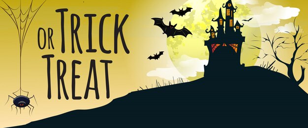 Trick or Treat-belettering met kasteel, vleermuizen en spin