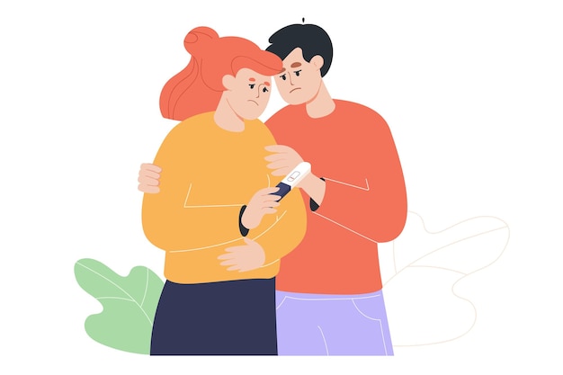 Trieste man knuffelen vrouw met zwangerschapstest. Onvruchtbaar paar, mannelijke en vrouwelijke karakters met probleem platte vectorillustratie. Vruchtbaarheidsconcept voor banner, websiteontwerp of bestemmingswebpagina