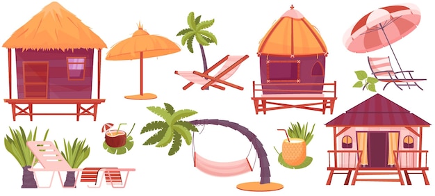 Gratis vector tropic rust vlakke pictogrammen set van bungalow en uitrusting voor strandvakantie geïsoleerde vectorillustratie
