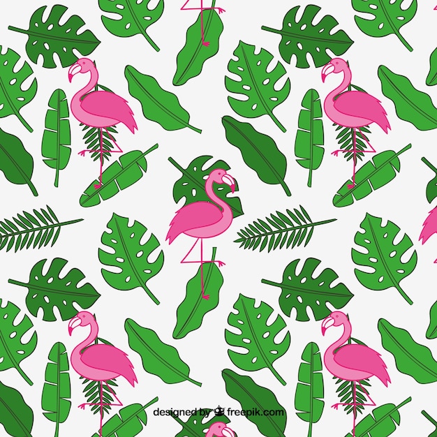Tropisch de zomerpatroon met installaties en flamingo&#39;s