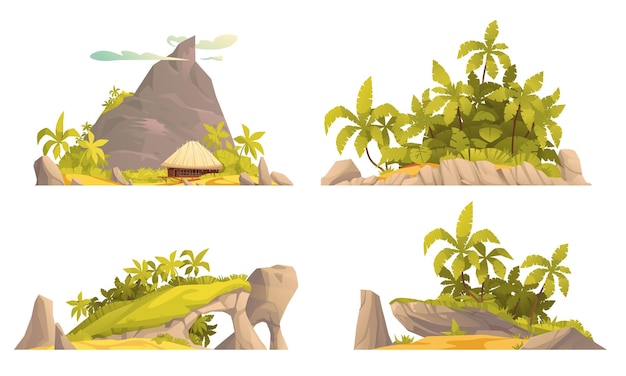 Tropisch eiland cartoon samenstelling set met jungle bomen op stenen rotsen geïsoleerde vector illustratie