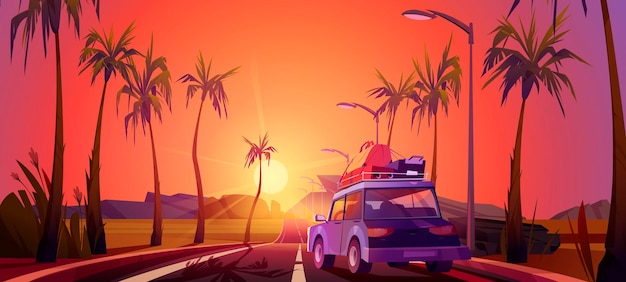 Tropisch landschap met auto met bagage bij zonsondergang