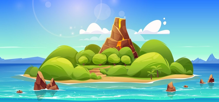 Gratis Vector tropisch vulkaaneiland in zeebeeldverhaallandschap