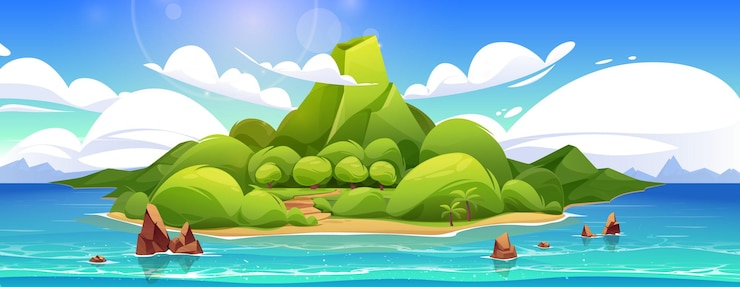 Gratis Vector tropisch vulkanisch eiland in de zee cartoon vector landschap achtergrond exotisch vulkanische eiland met palmbos in het oceaanwater prachtig tropisch toerisme groene kust natuur op een zonnige dag