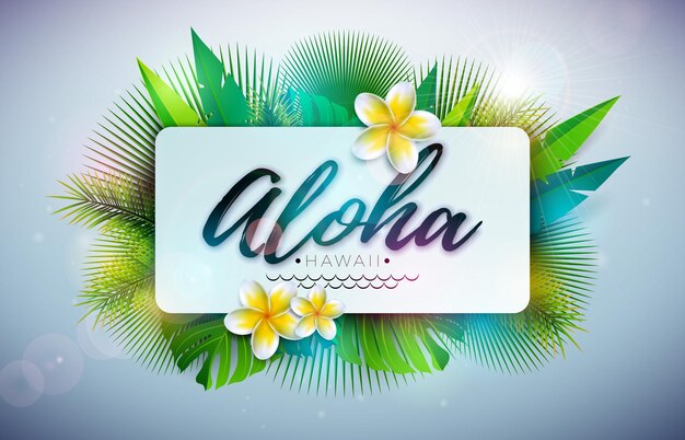 Tropisch zomerontwerp met Aloha Hawaii-letters en bloem op exotische palmbladerenachtergrond