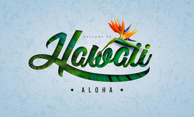 Tropisch zomerontwerp met aloha hawaii-letters en papegaaienbloem op exotische palmbladeren