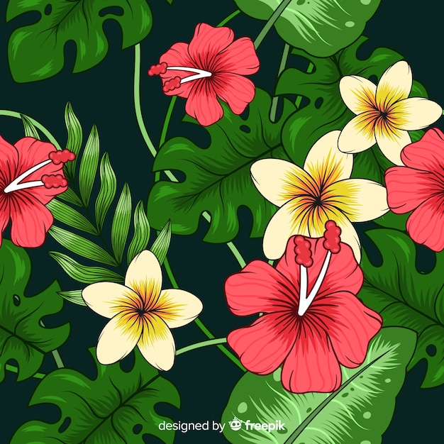 Gratis vector tropische achtergrond met kleurrijke bloemen