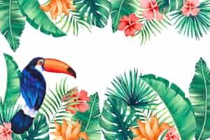 Gratis vector tropische achtergrond met toucan en exotische bladeren