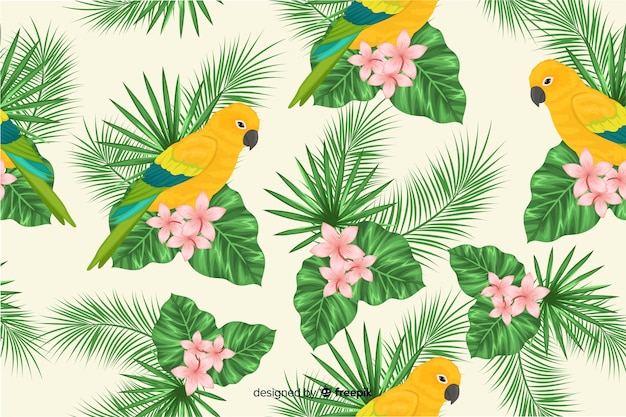 Tropische bladeren en exotische vogelsachtergrond